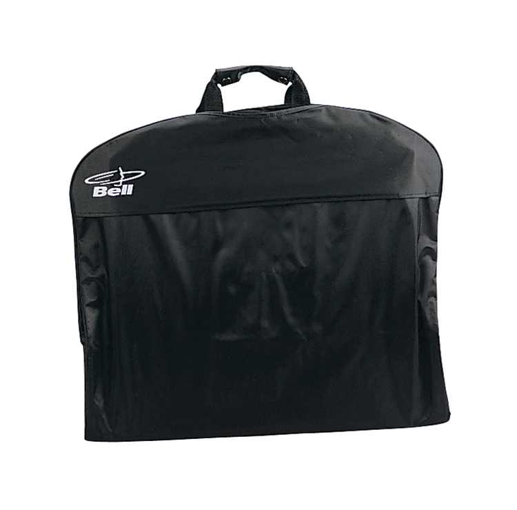 Nylon suit bag with main zippered compartment with flap at top with hole for hanger hook