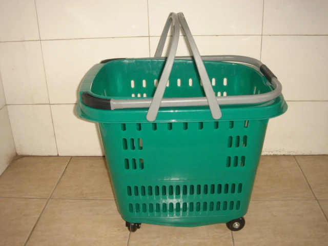 MOQ 20 PCS Stacking 50L Supermarket Plastic Rolling Cart With 4 Wheels, Folding Handles Shopping Basket