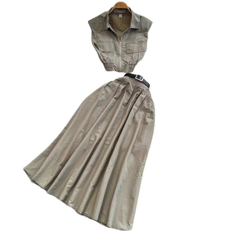 Fashion Set Female Korean Version POLO Collar Sleeveless Waist Drawstring Tie Shirt Two-Piece Set High Waist A-Line Skirt