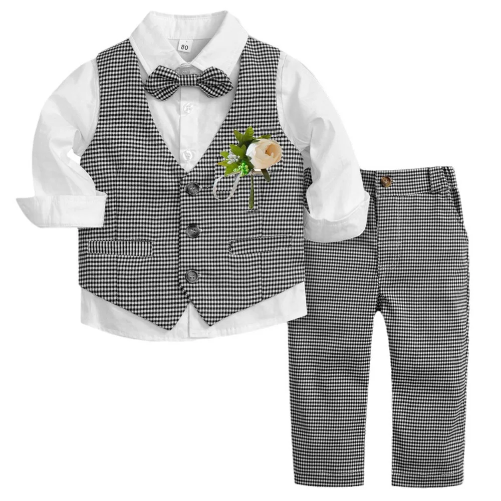Baby Boys Cotton Blazer Style White Shirt+Vest+Plaid Pant Set for Infant Toddlers Child Wedding Party Events and Gifting