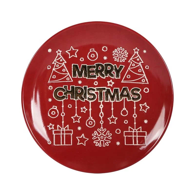Holiday best-selling tableware manufacturers wholesale Christmas text pattern metal glaze ceramic salad plate