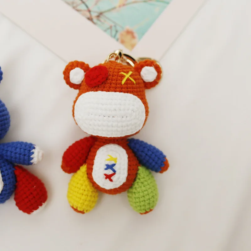Knitted Animals Keychains Bear Stuffed Doll Car Hanging Pendant Stainless Steel Metal Anime Plush Keychains