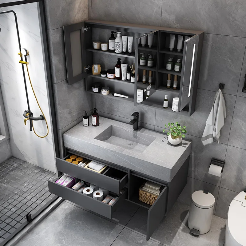 Hotel Solid Wood Wall Mount Dark Gray Washroom Storage Cabinet Combo Marble Floating Vanity Bathroom