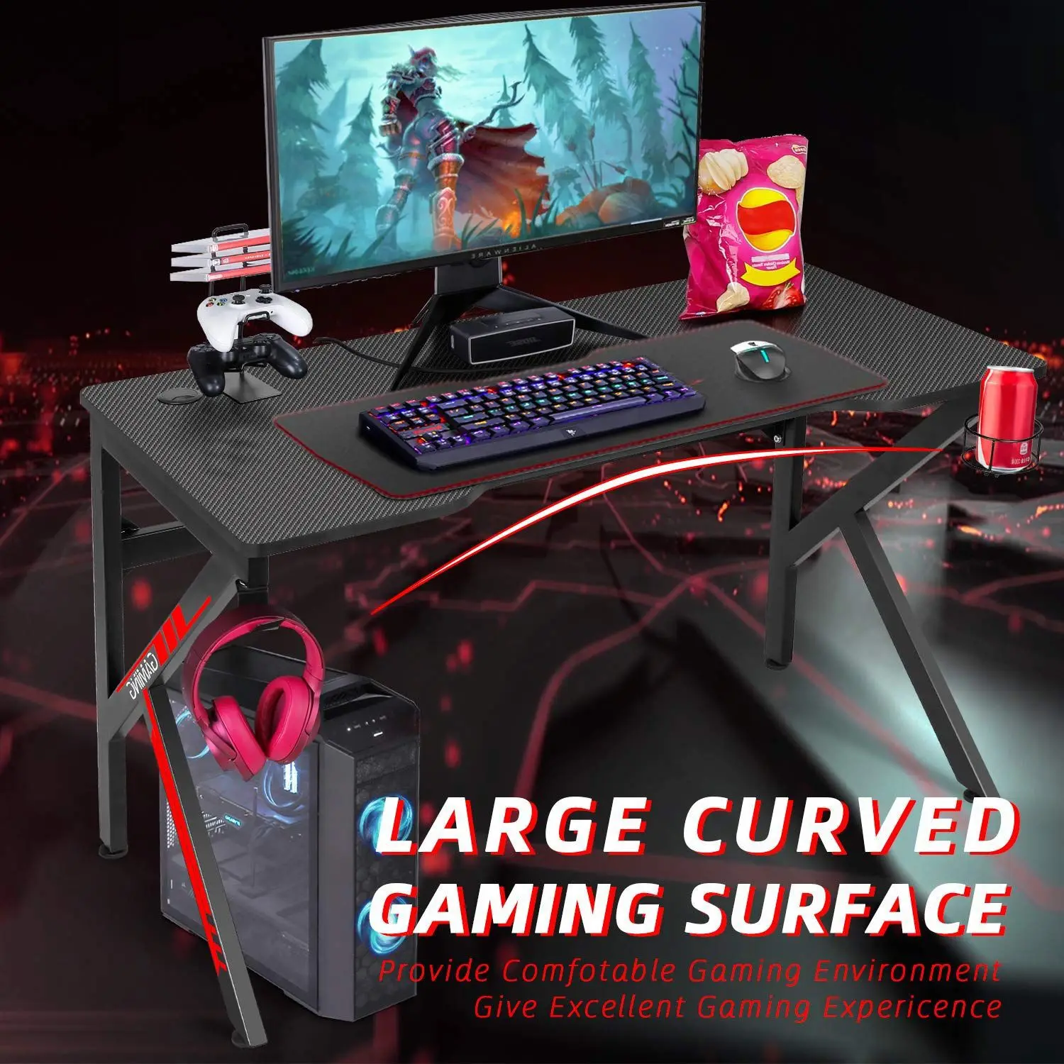 Factory wholesale High Quality K-Shape Black Gaming Computer Desk Gaming Table and Chair Set