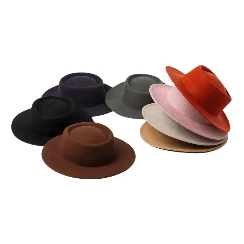 CUSTOM pork pie Solid Color high quality wide brim classic flat boater fedora woman men wool panama jazz felt hat