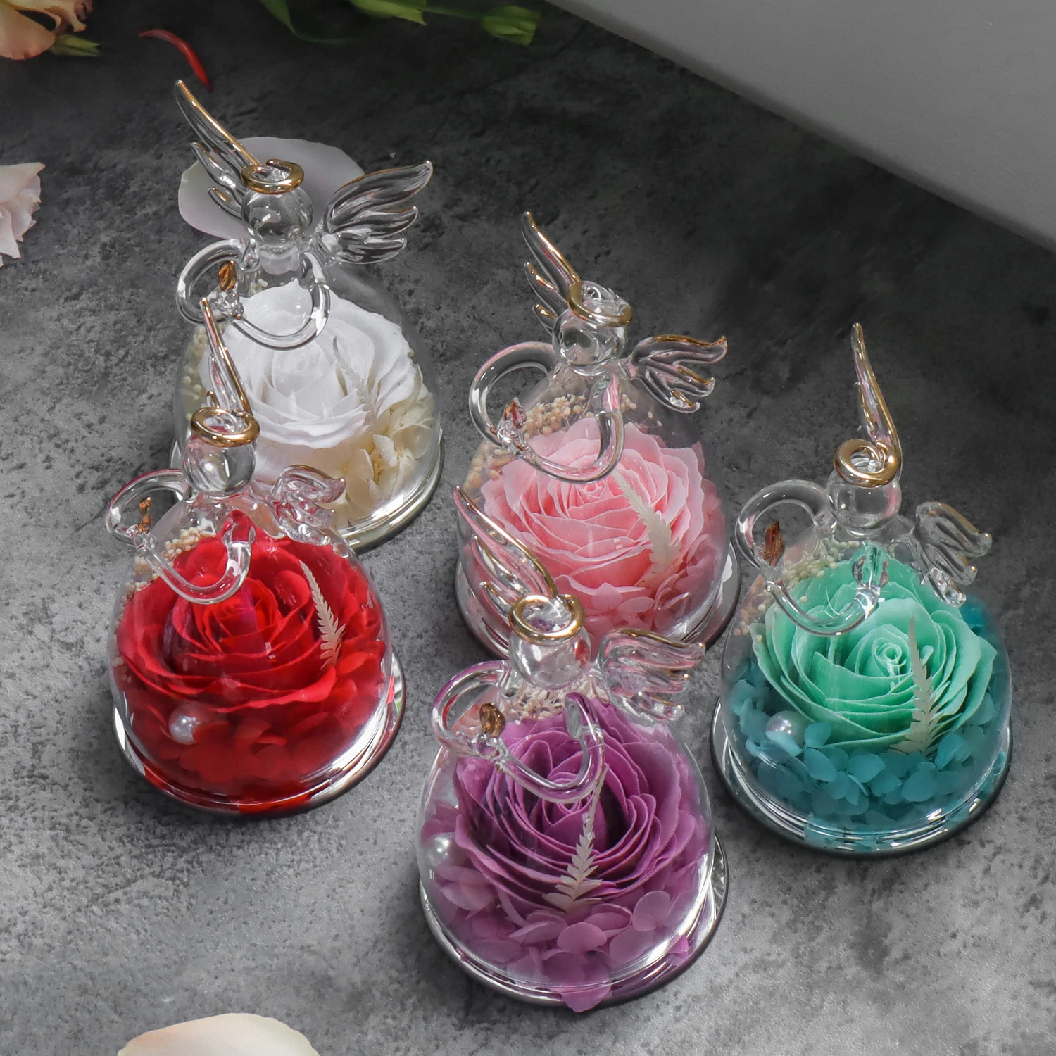 Valentines Day Gift Angel Preserved Soap Rose Artificial Flowers In Angel Dome Glass Gift For Women and Girls