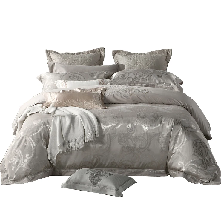 Grey Luxury classic silk cotton jacquard embroidery bedding set bed spread coverlet