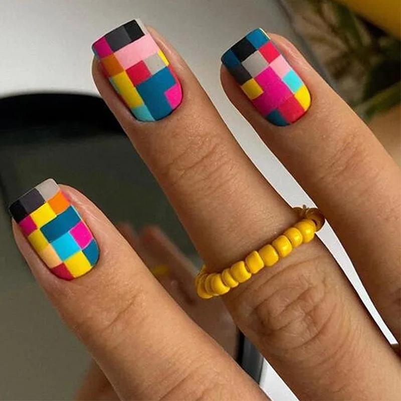 Press on Nails Medium Length Square Matte Fake Nails Full Cover Artificial Nails with Colourful Mosaic Design