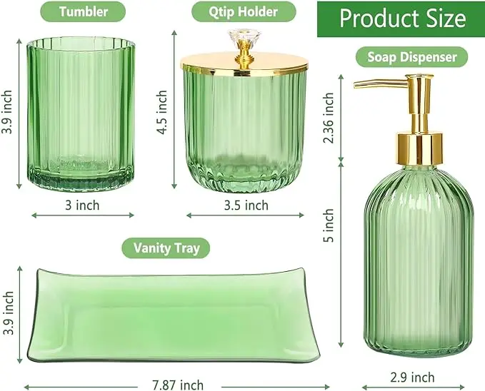 2024 Bathroom Accessories Set, 4 Pcs Green Glass Bathroom Accessories Sets Complete w/Lotion Soap Dispenser, Toothbrush Holder