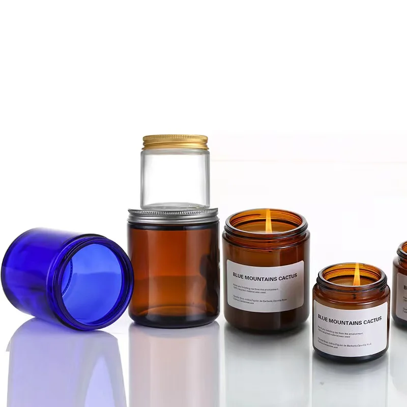 250ml 8oz Candle Tins Container Amber Blue Transparent Round Glass Jars With Lids For Body Butter