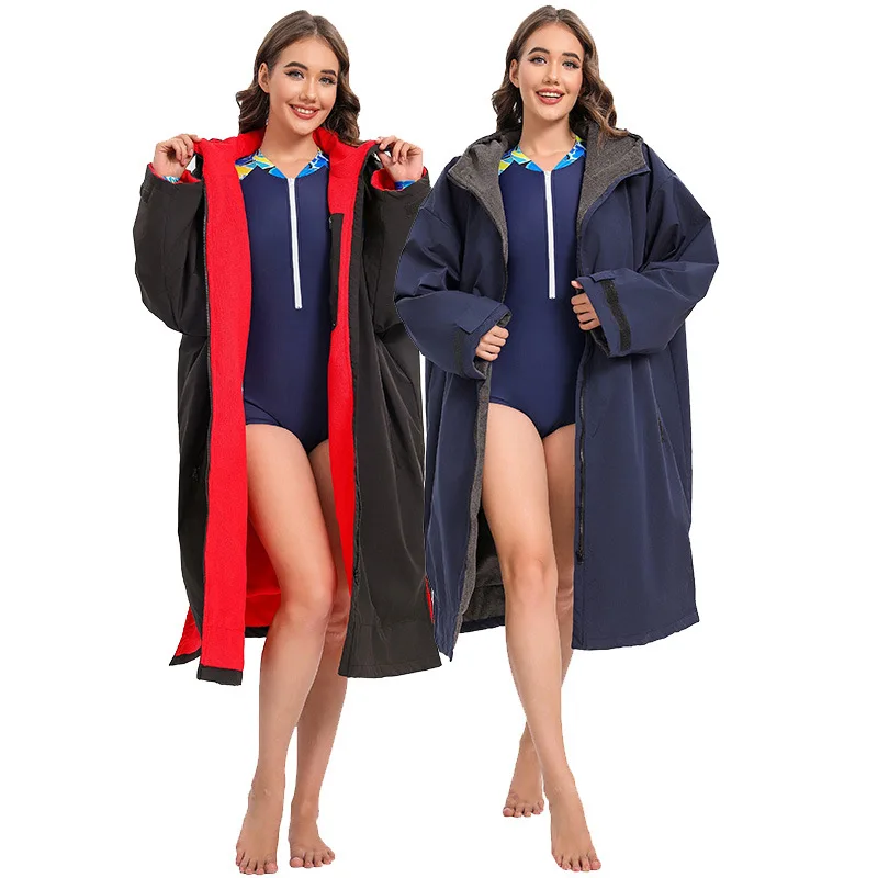 Непромокаемый водонепроницаемый халат-пончо с длинными рукавами ветрозащитный халат для смены одежды флисовая подкладка водонепроницаемые пальто серфинга