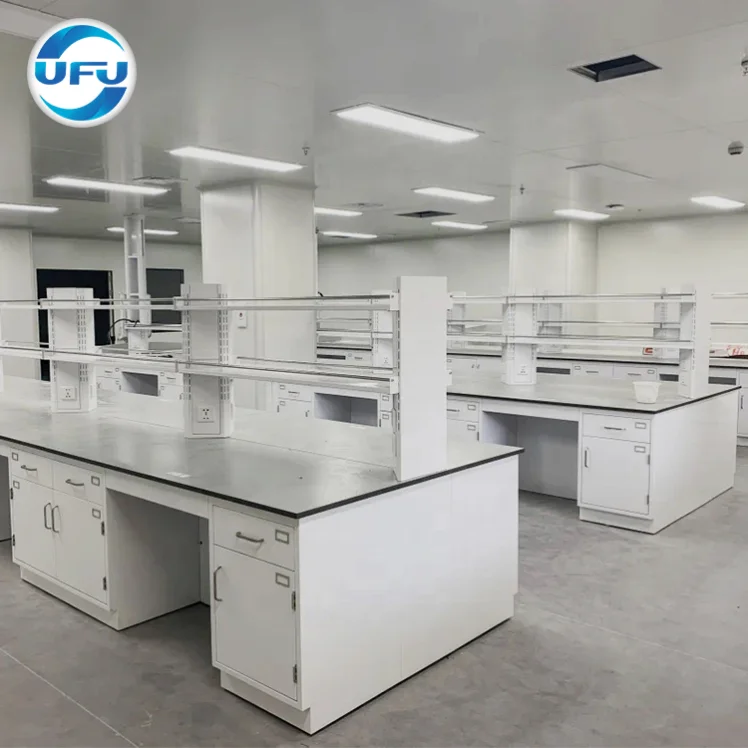 UFU Lab Island Workbench With Regant Shelf And Drawers Factory Supplier Medical Full Steel Frame Laboratory Central Work Bench