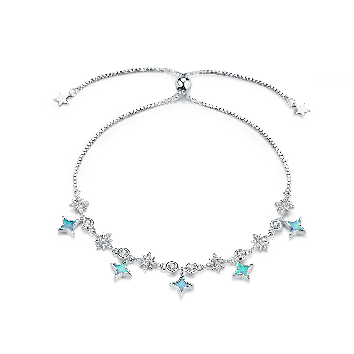 925 Silver Jewelry White Gold Plated Bracelet CZ Opal Celestial Stars Slider Chain Bracelet for Women