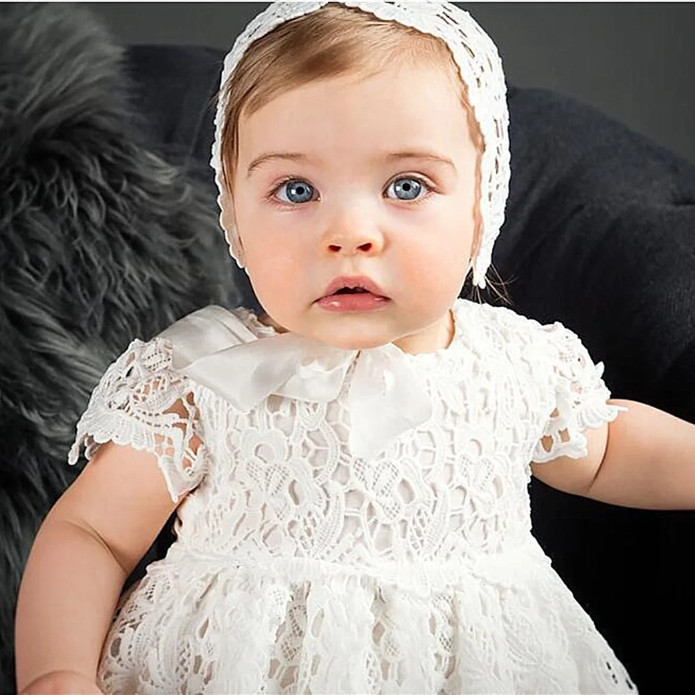 Baby Infant Girl Baptism Dress Flower Newborn Gown White Lace Christening Dress