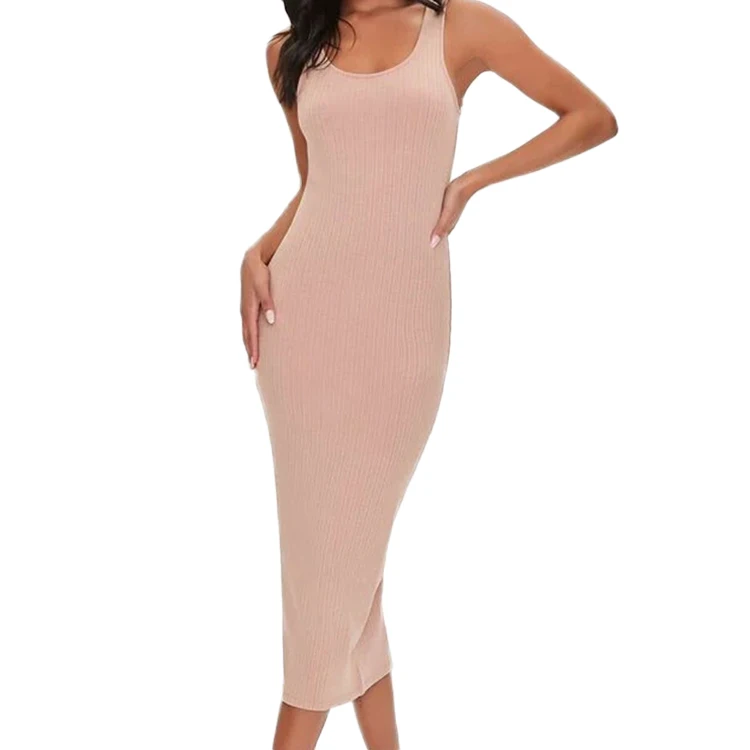 Custom Elegant Scoop Neck Sleeveless Women Taupe Dress Ribbed Bodycon Casual Dresses