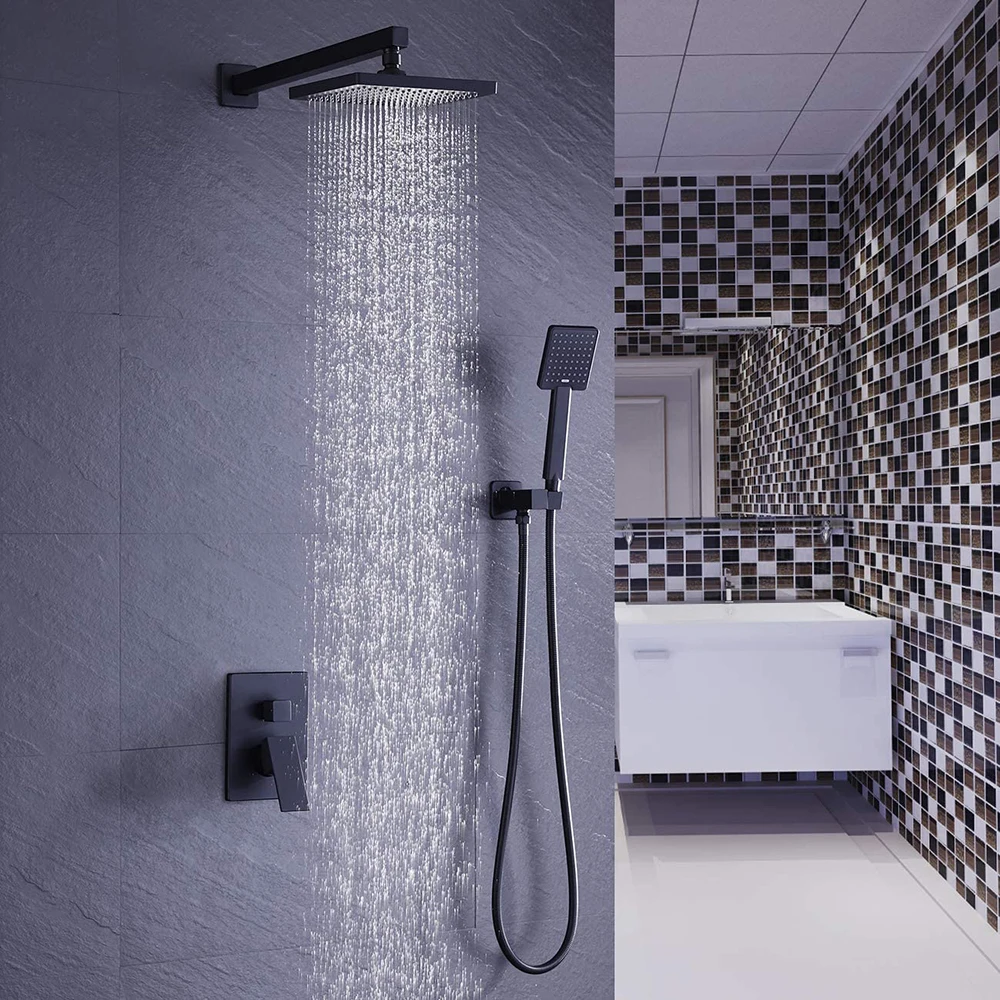 Aquacubic Shower System 10 Inches Ceiling Black Tub Faucet Set with Square Rain