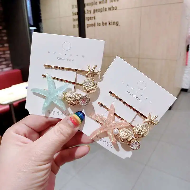 3pcs/set Metal Pearl Hair Clips Sea Star Shell Hairpins Sweet Beach Girls Hair Accessories Women