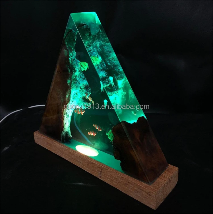 Hot selling DIY triangle wood resin ocean style night light 3D Jellyfish diver handmade lamp LED decoration gift light