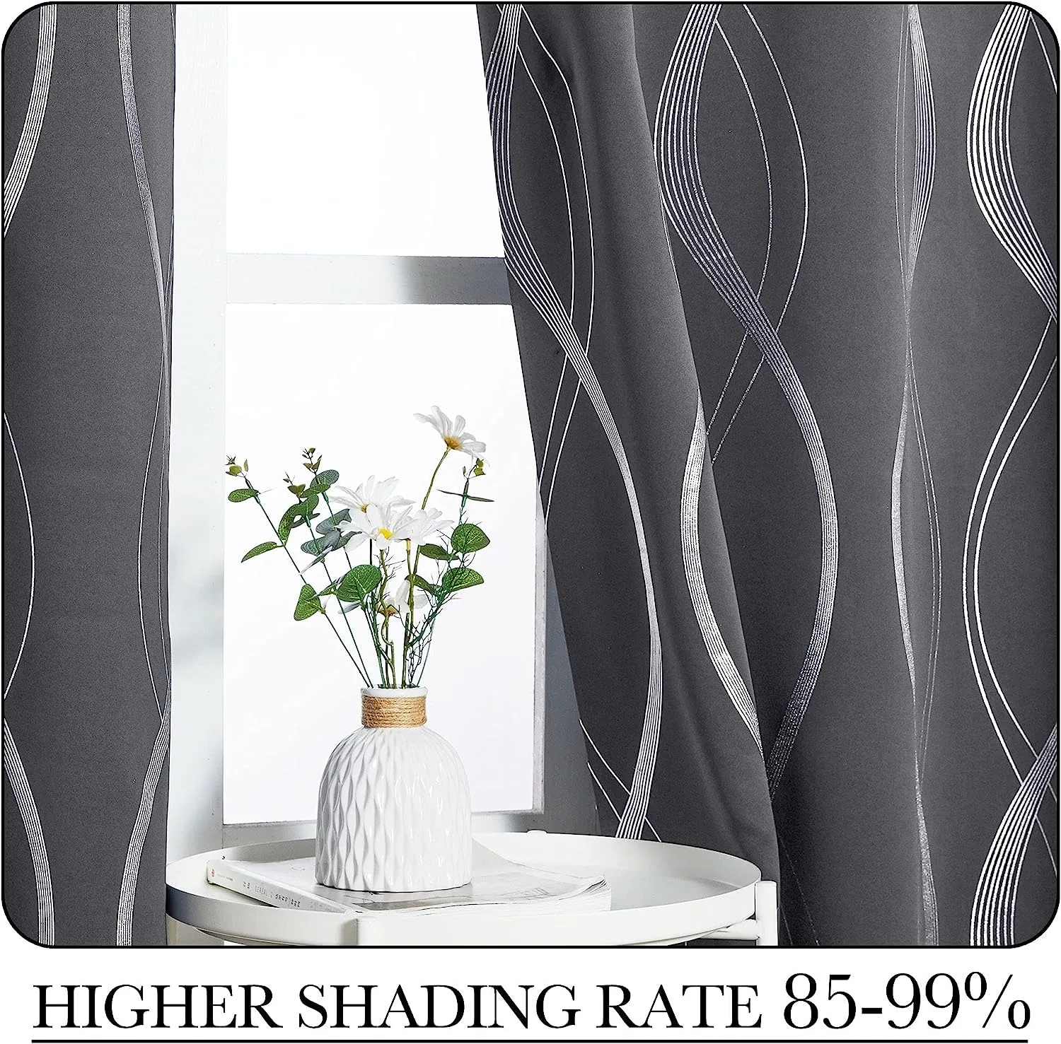 JA Blackout Curtains for Living Room, Noise Reducing Thermal Insulated Wave Line Foil Print Drapes for Patio Sliding Glass Door