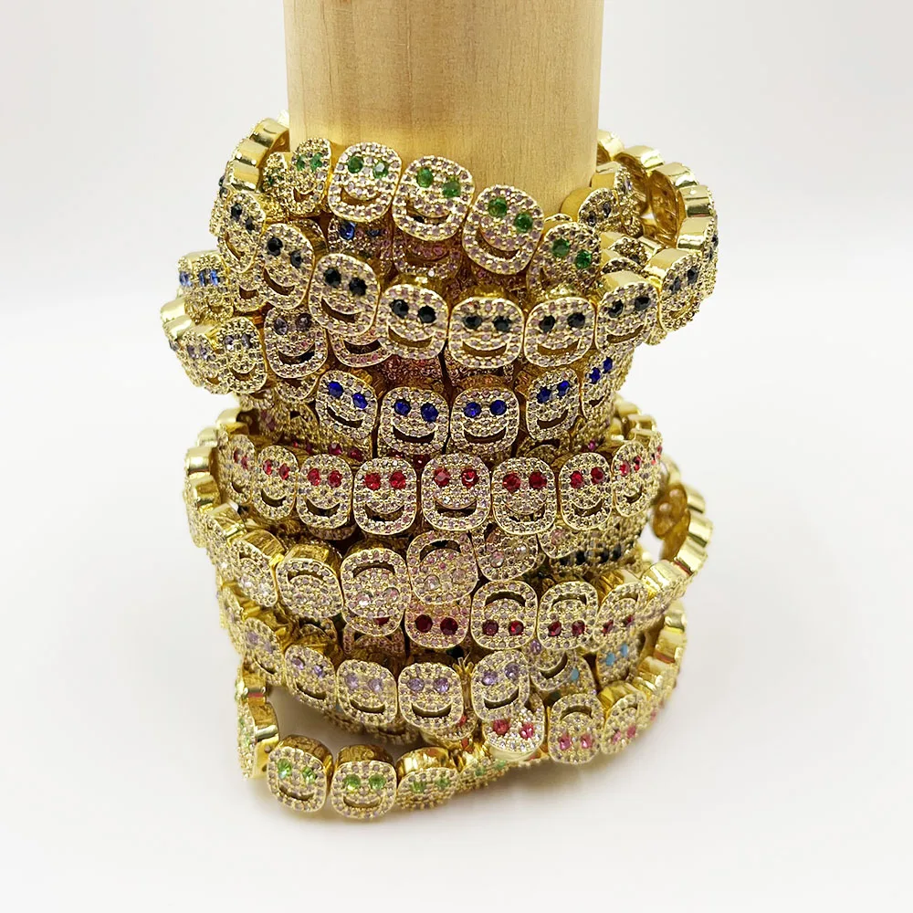 18k Gold Plated CZ Friendship Happy Smily Face Rhinestone Bracelet with Blue Green Red Pink Black Eyes