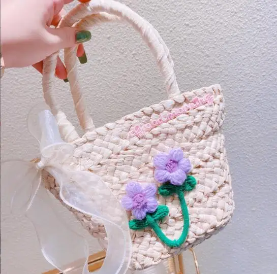Summer 2022 HAND KNITTED CROCHETED wool puff flower hand basket square bag straw bag