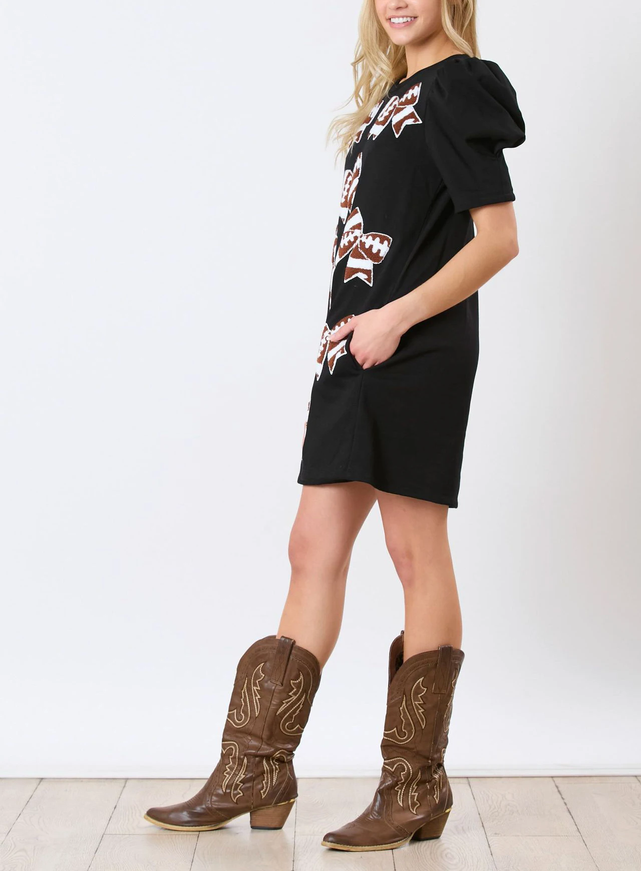 Loveda New Trend Gameday Dresses Crew Neck Puff Sleeve Game day Dress With Bow Tie American Football Sequins Patches