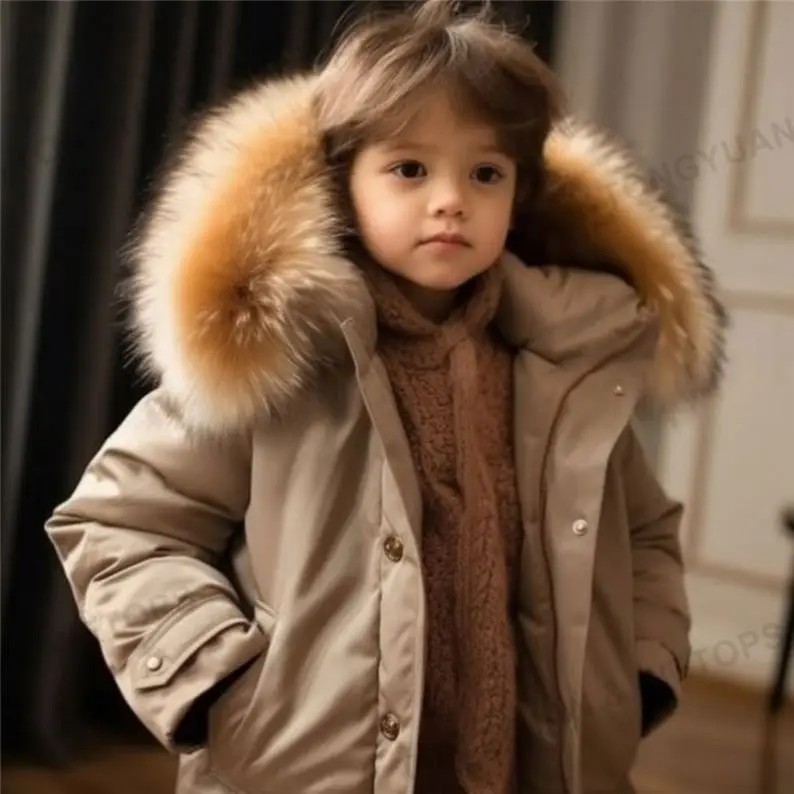 Custom Apparel 2023 Hot Sale Warm Trench Coat Children Hooded Kids Real Fur Winter Coats