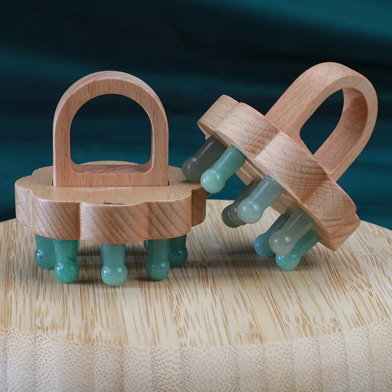 Hanhe Custom Natural Stone Wooden Scalp Massager Jade Guasha Head Therapy Tools Green Gua Sha Massage Comb