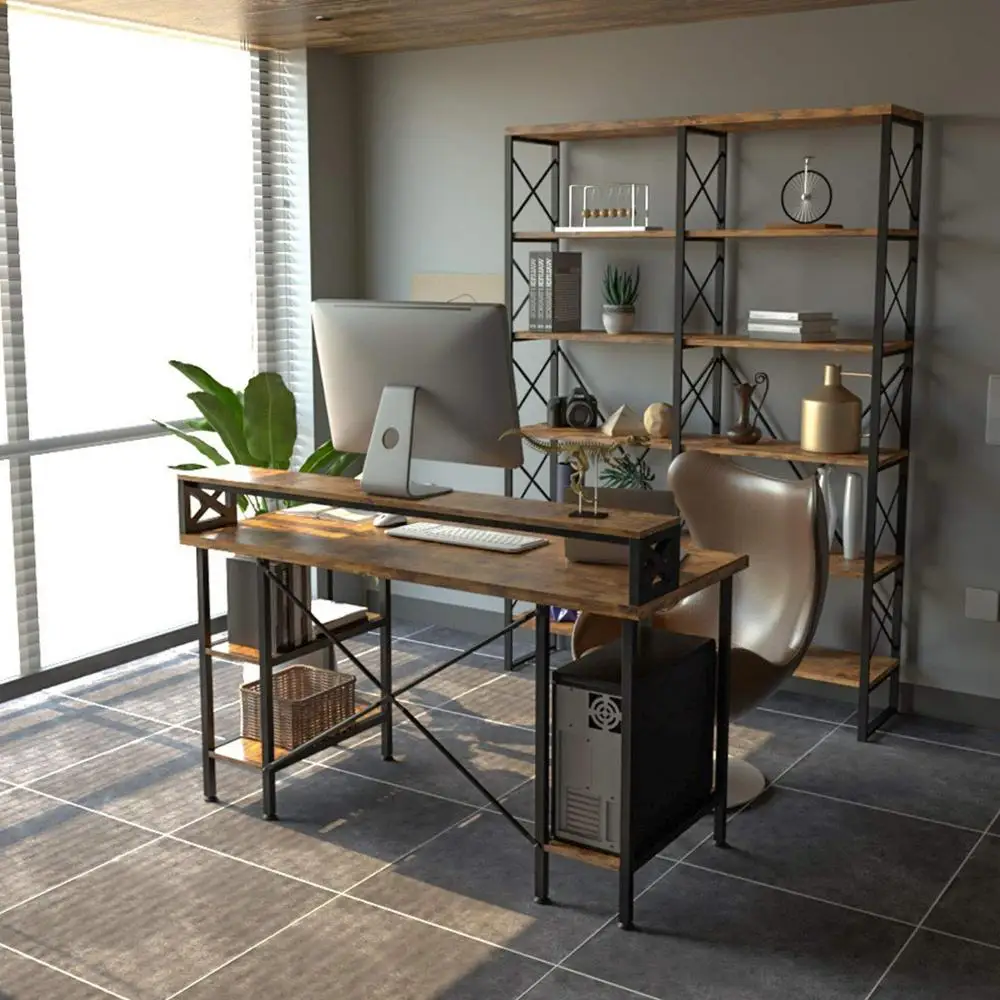 Industrial Office Computer Desk with Printer Monitor Storage  Shelf  CPU Stand Studying Writing Table for Home Office