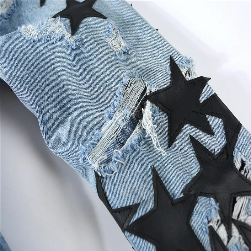 2022 Custom Design Jean Jacket men Pattern Printed Pentagram denim jacket broken hole print gradient washed jacket for man