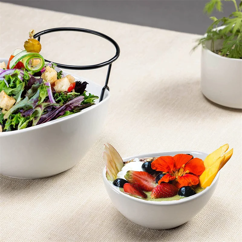 Ceramic 2 tier chip and dip with metal rack stand porcelain tiered fruit candy salad serving bowl set