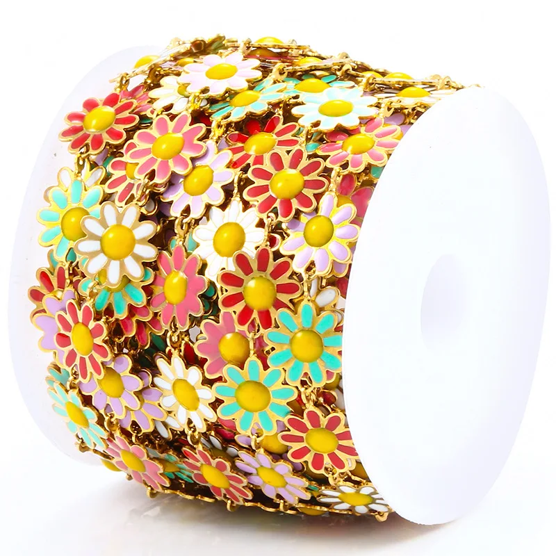 bulk stainless steel 18k gold chain waterproof spool enamel rainbow colored daisy flower handmade accessories chain diy