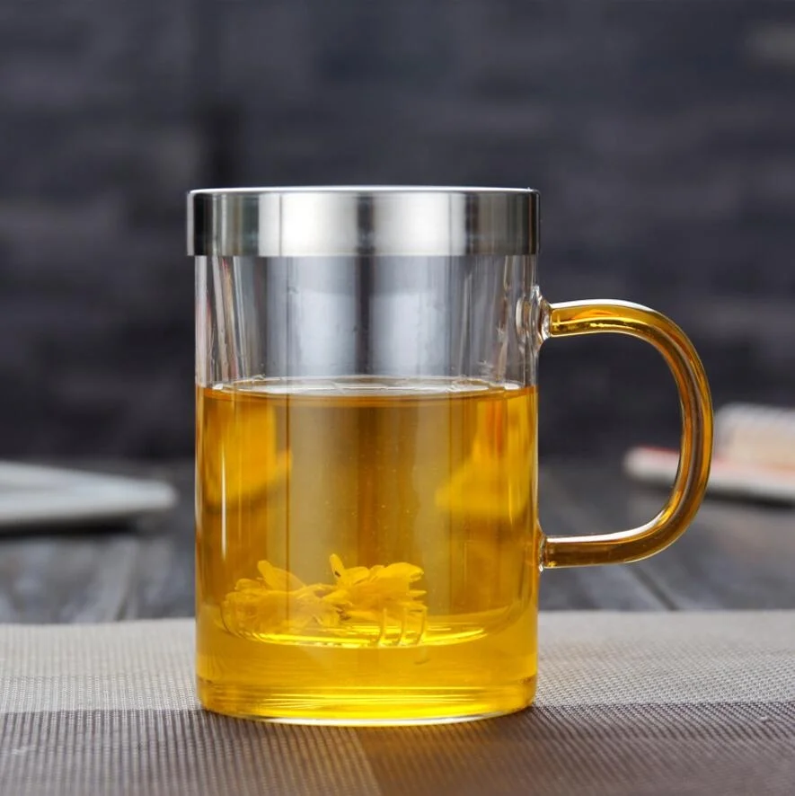 Bottom Price Latest Style Green Flower Double Layer Glass Tea Cup