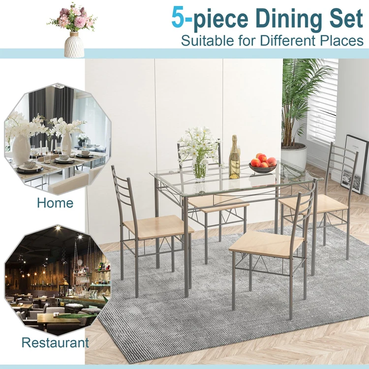 Home Kitchen Dining Room Furniture Glass TableTop Metal Breakfast Lunch Dinner Table Set 4 Pcs Dinning Table and Chairs