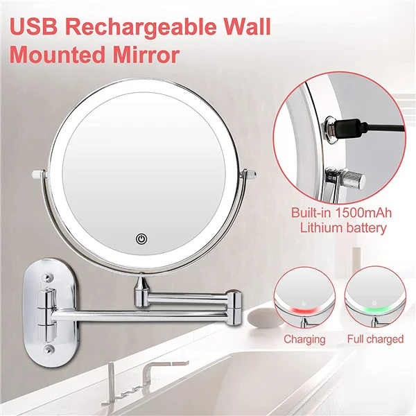 8 Inch Rechargeable Wall Mounted Lighted Makeup Vanity Mirror