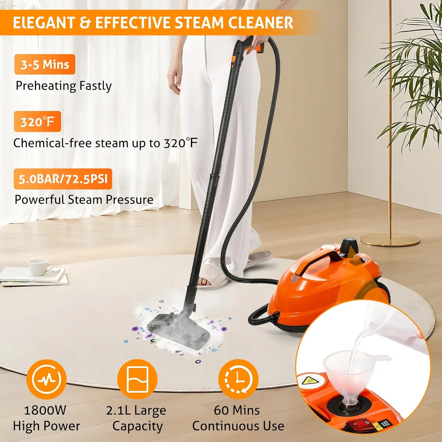 2024 Latest Steam Cleaner 5M Extra-Long Power Cord Home Floor Cleaning Car Steam Cleaning Machine Handheld Steam Mop