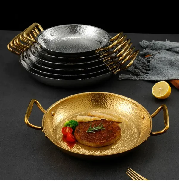 Commercial crayfish plate Flat bottom stewed rice pot Double ear frying pan hotpot 304 stainless steel Spanish seafood rice pot