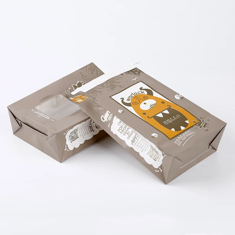 Wholesale Clear Window Chocolate Colored Popcorn Kraft Paper Bag Bakery Dessert Food Bag Side Gusset Bags With Tin Tie