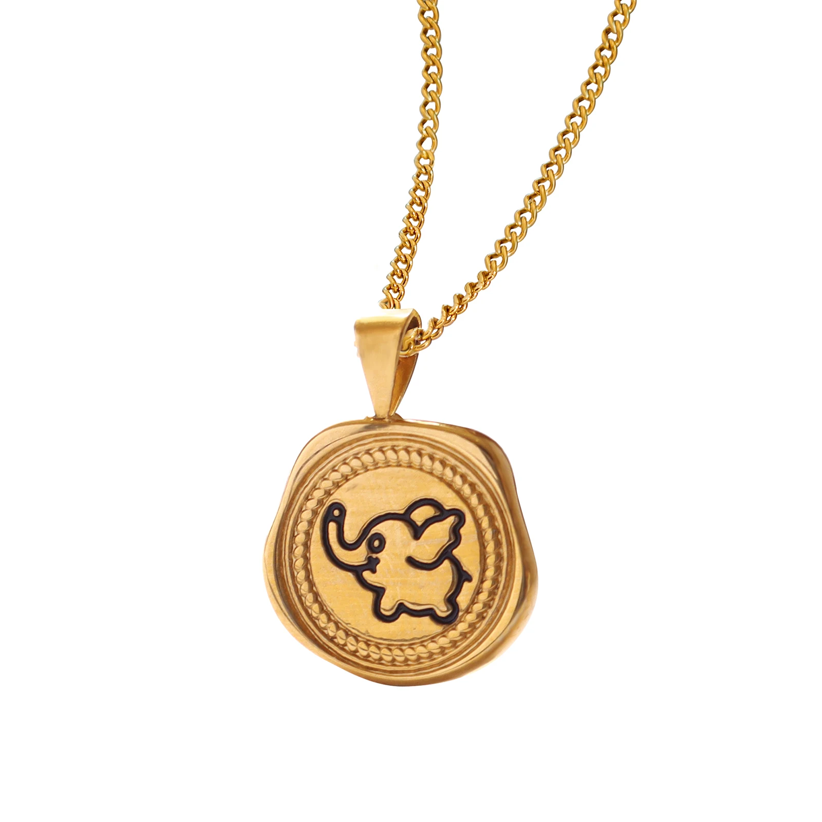 JoyEver Stainless Steel Jewelry Round Brand Animal Elephant Shaped Gold Coin Pendant Necklace