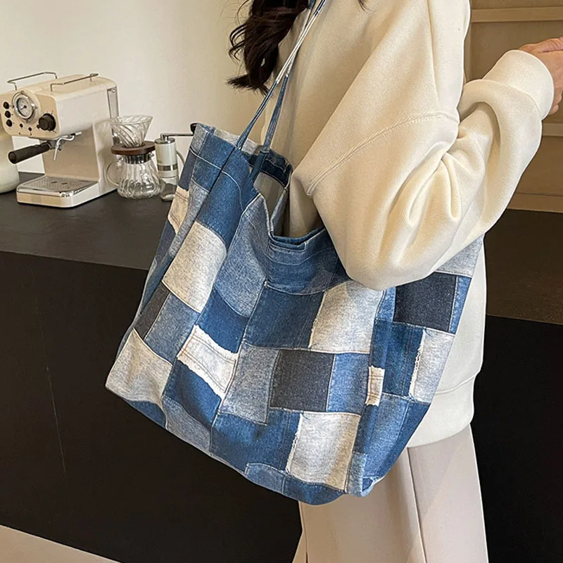 Dropshipping Products 2024 Chinese Online Markets New Women  Ladies Denims Patches Japanese Personalized Large Tote Bag Canvas