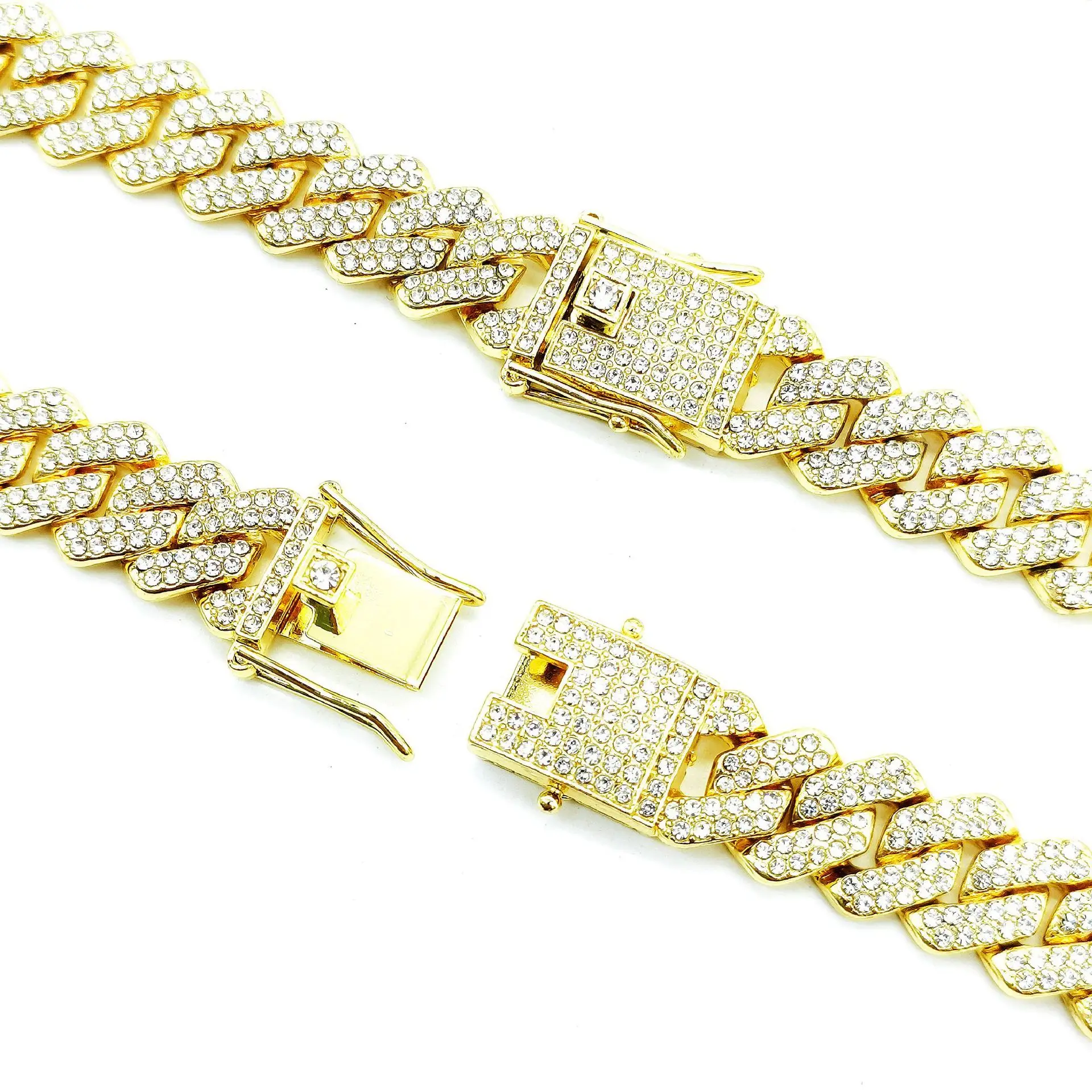 Hot selling hip hop jewelry Cuban Diamond Bracelet Chain 14mm diamond Gold plated Bling Rhinestone Cuban Link Chain Bracelet