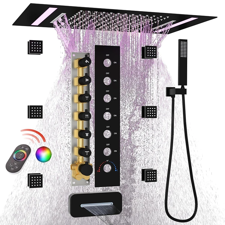 Bathroom LED Shower System Large Waterfall Rainfall Shower Panel with Square Body Spray Jet