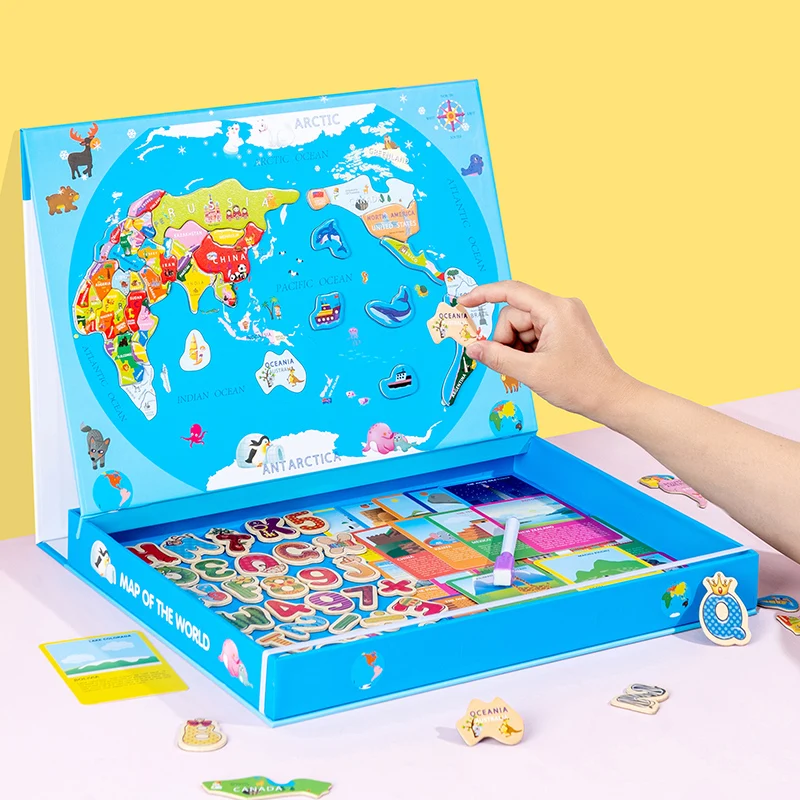 Magnetic  Type 2-in-1  World Map  Cognitive Drawing toysChildren Early Education Intellectual Building Blocks Wooden Puzzle Toy