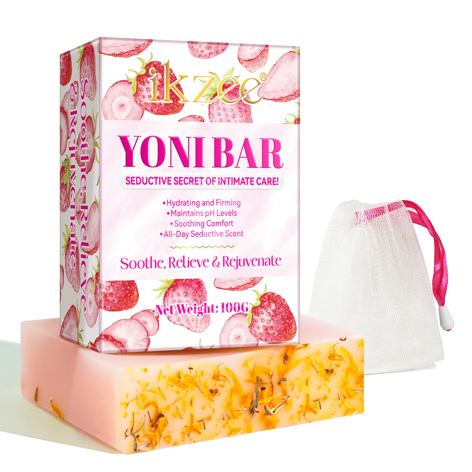 IKZEE private label effectively eliminates redness itchiness soothing comfort hydrating firming strawberry pink yoni bar soap
