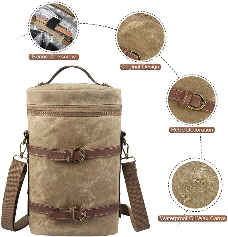 Custom Distressed Waxed Canvas Wine Tote Gift Bag Picnic 2 Bottle Insulated Wine Bag luxury wine bottle bag