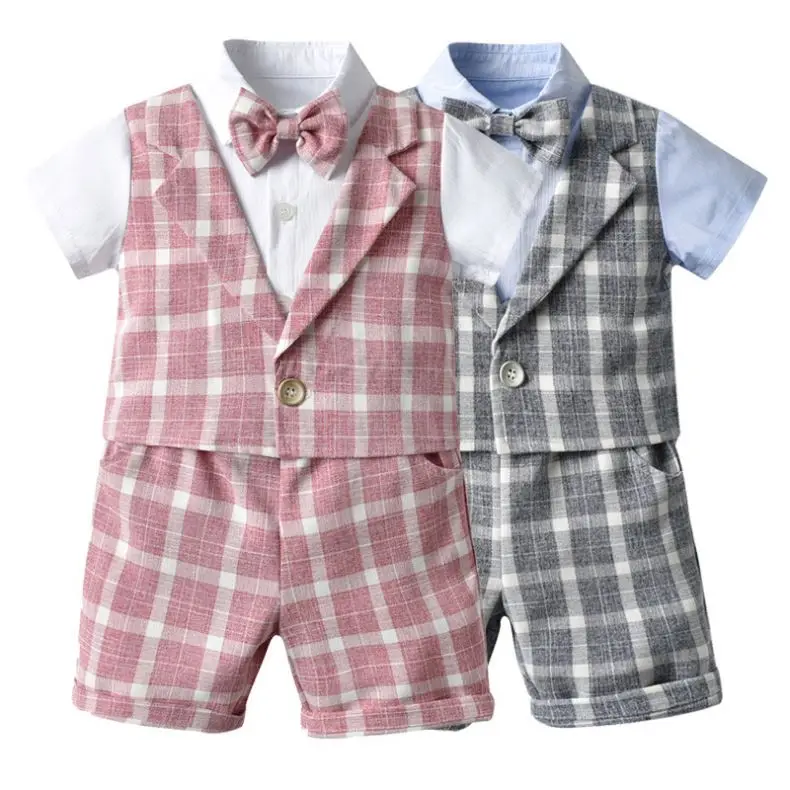 
lyc-914 2020 Summer new product ins Korean light blue kid gentleman suit striped short sleeve bow flower boy dress 