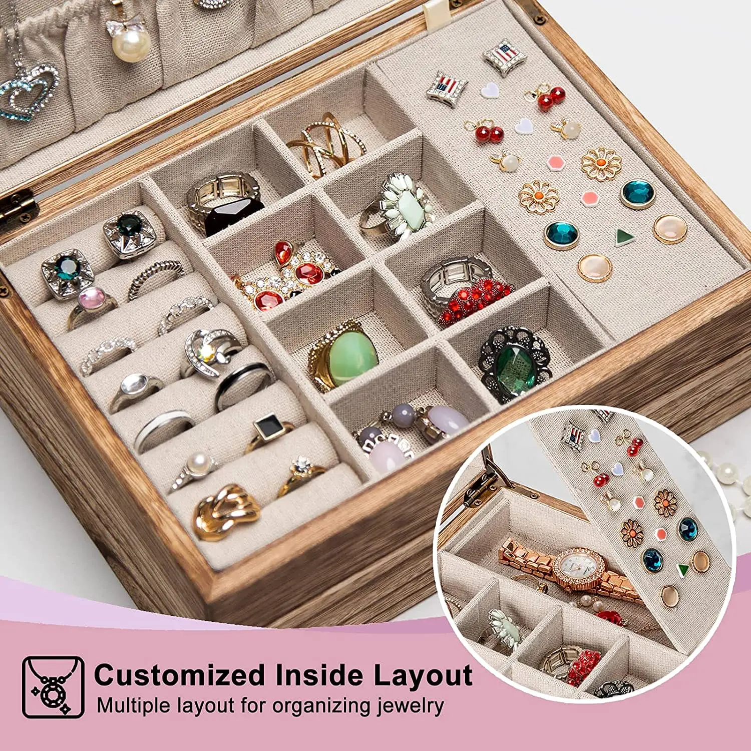 Hot sale vintage wooden earring storage holder container necklace display stand jewelry organizer box with drawer