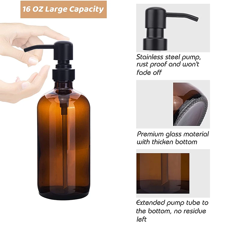 Hot Selling 500ml Amber Glass Shampoo Lotion Skincare Bottles With Black Pump