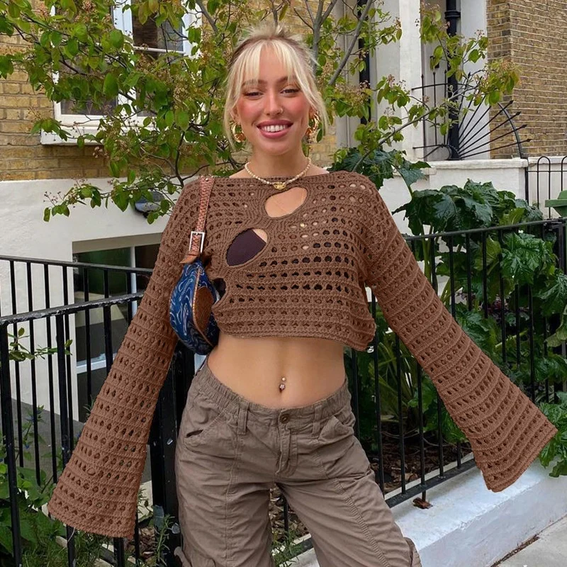 New Arrival fashion women crochet top hollow out sexy long mandarin sleeves crochet sweater