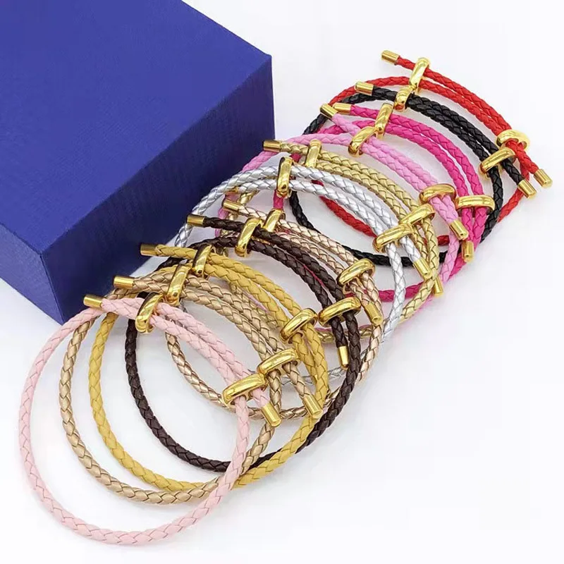 Multi Colors Braided Leather Cord with Stainless Steel Bayonet Clasp Simple Bracelet for Charms Beads Adjustable Bracelets